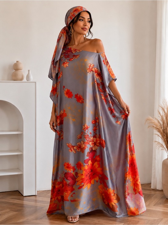 Dresses & Skirts - Boho Luxe Floral Kaftan Maxi Dress w/ Matching Scarf Off Shoulder Resort Wear
